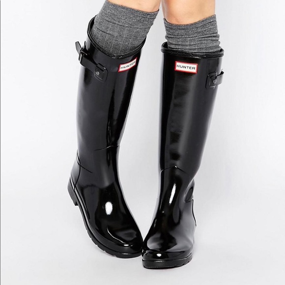 Hunter Shoes - Hunter rain boots: knee high, black gloss size 5